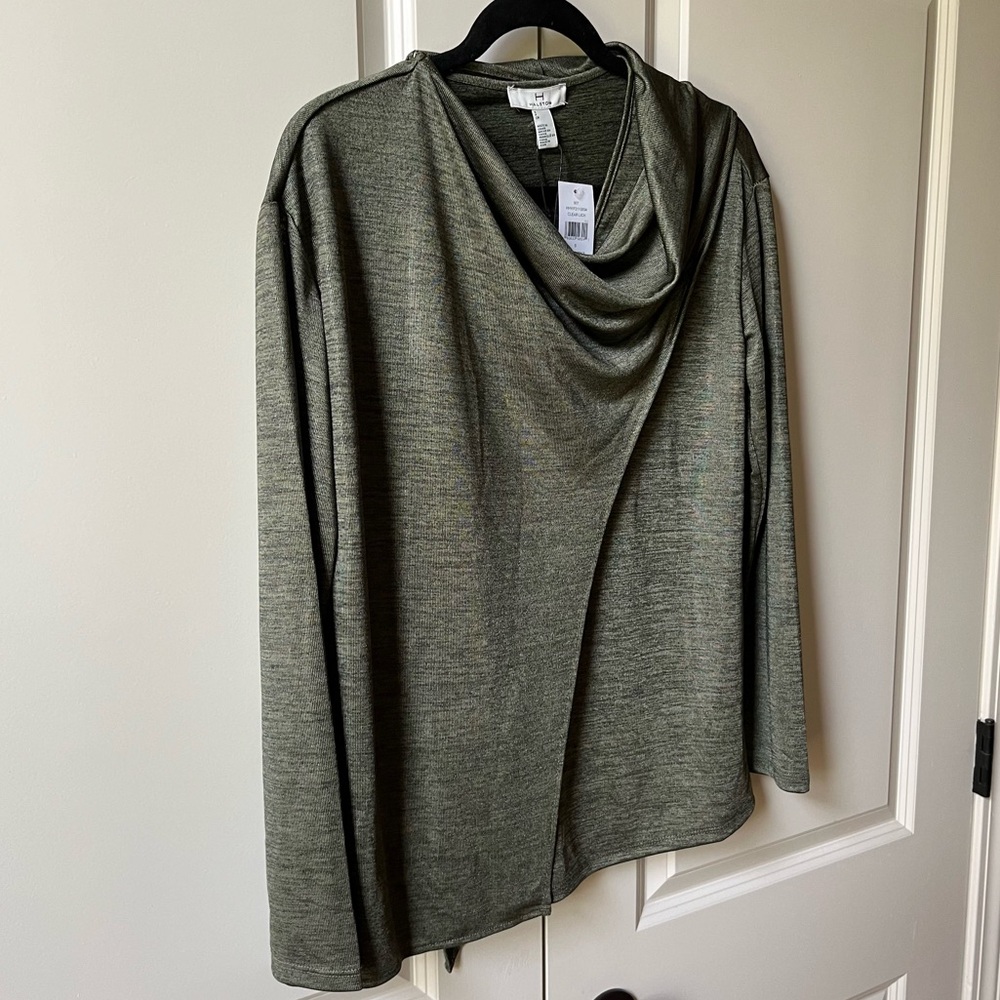 NWT H by Halston Moss Green Crossover front Cowl Neck Long Sleeve Top - Picture 3 of 8
